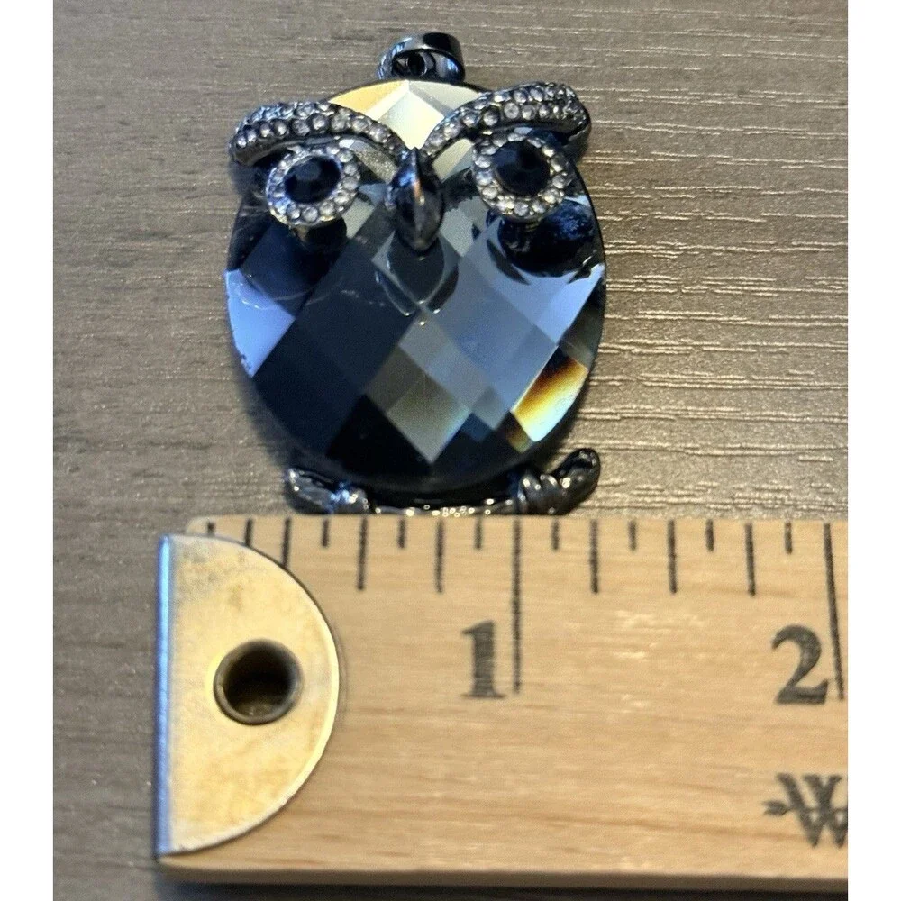 Owl Pendant Charm Black Faceted Rhinestones Silver Gray Tone